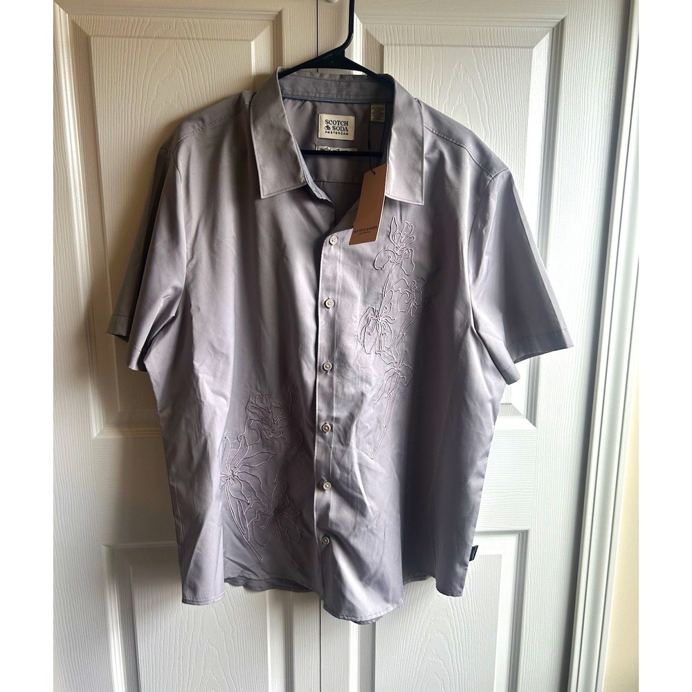 Scotch & Soda Men's XL Short Sleeve Button-Up Embroidered Gray